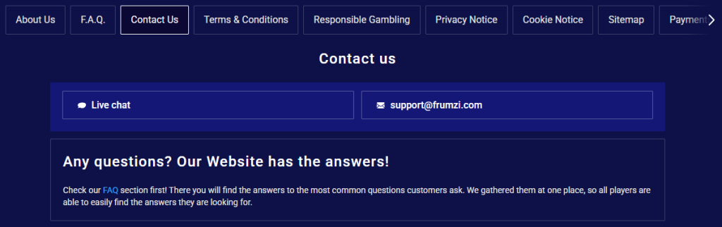 Customer support at Frumzi Casino