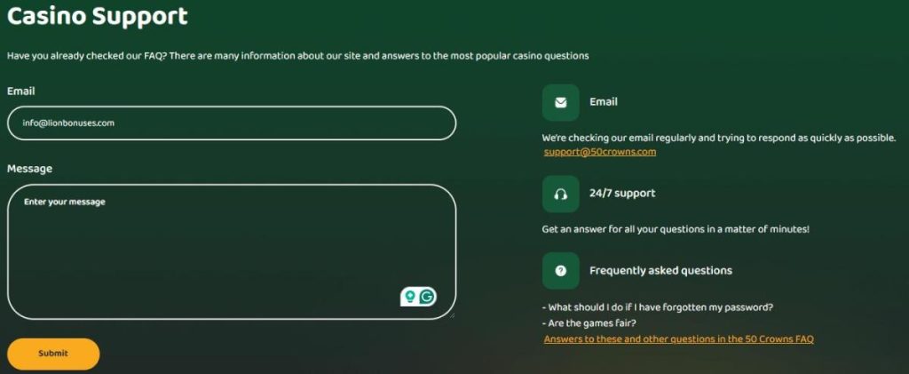 Customer support at 50 Crowns Casino