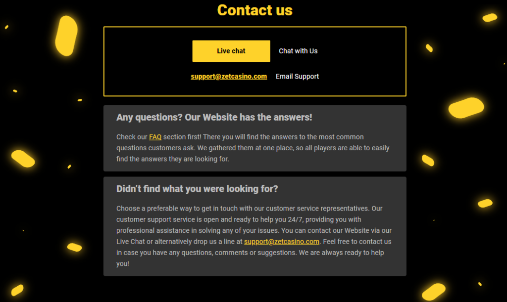 Customer support at Zet Casino