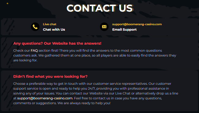 Boomerang Casino contact page with options for live chat and email support at support@boomerang-casino.com
