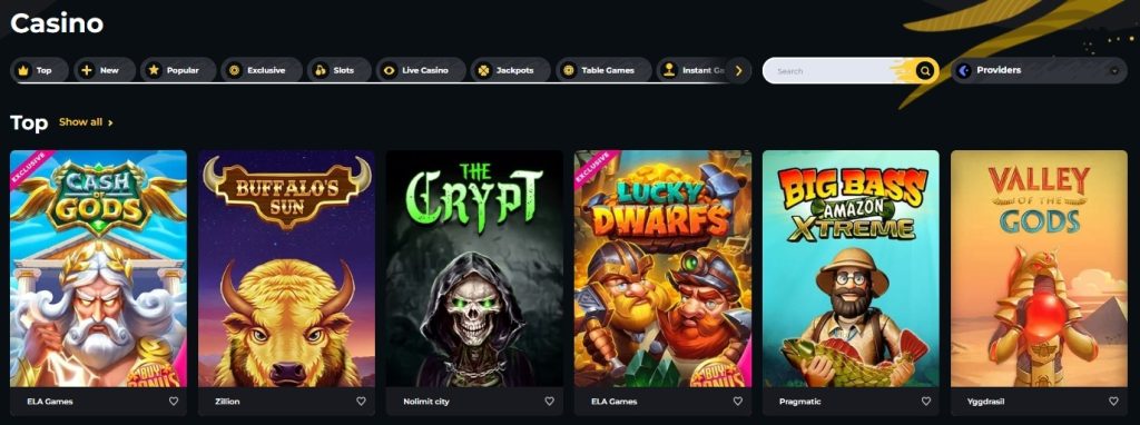 Boomerang Casino game lobby showing slot titles like Cash Gods, The Crypt, Lucky Dwarfs, and Big Bass Amazon Xtreme