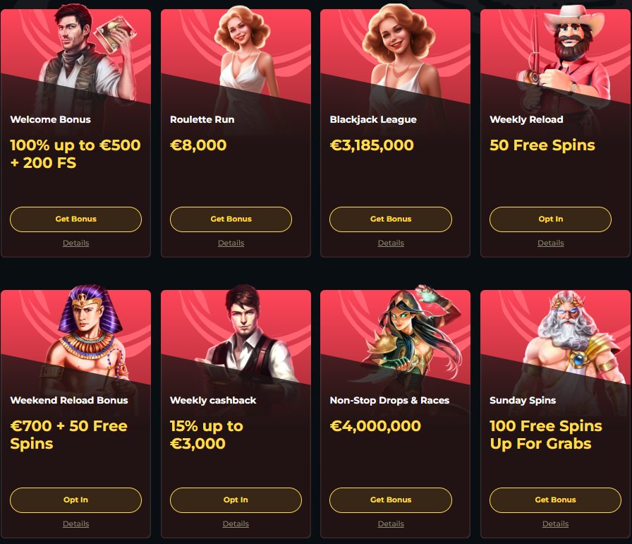 Boomerang Casino bonus promotions page showing various offers like Welcome Bonus, Weekly Reload, and Cashback