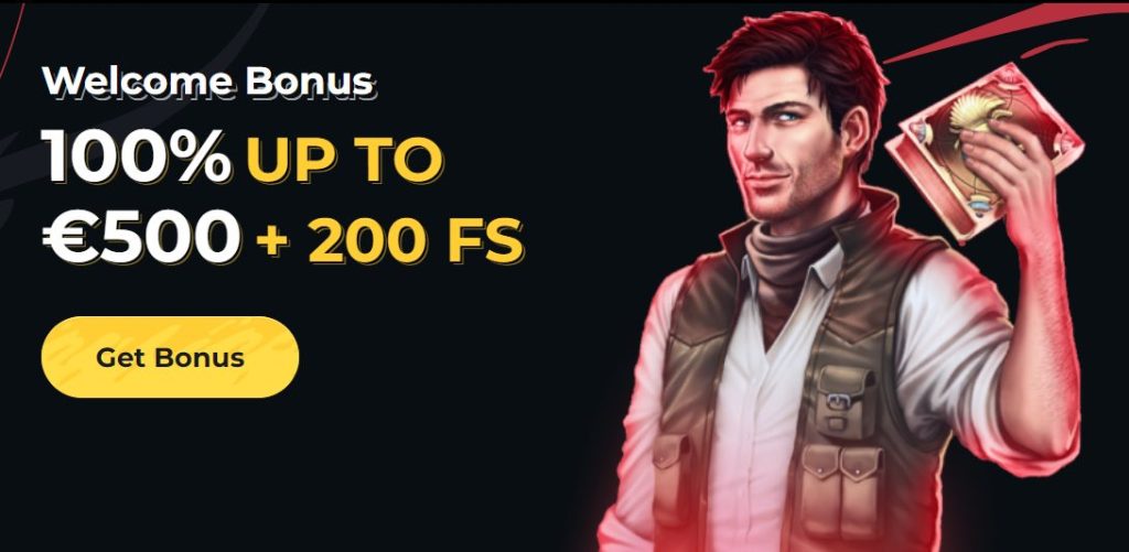 Boomerang Casino welcome bonus banner showing 100% up to €500 + 200 free spins