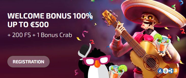 BoaBoa Casino welcome offer 100% deposit bonus up to 500€ + 200 free spins + 1 Bonus Crab