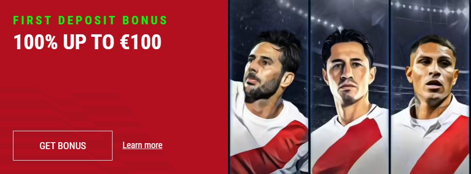 Casinado sports betting welcome bonus banner showing four male football players wearing white and red uniforms, with text “First deposit bonus 100% up to €100”
