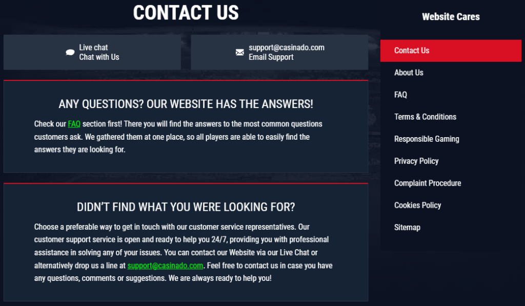 Casinado contact page showing live chat and email support options, along with FAQ and support section links on a dark interface
