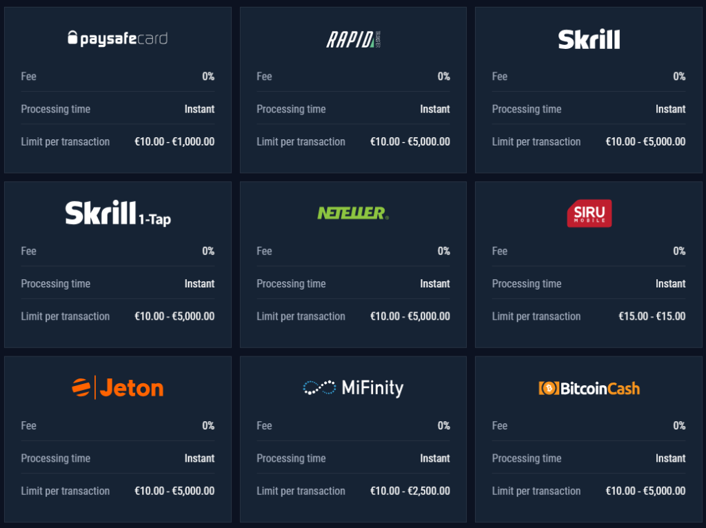 Casinado deposit and withdrawal options grid displaying payment methods such as Paysafecard, Rapid Transfer, Skrill, Neteller, Siru Mobile, Jeton, MiFinity, and Bitcoin Cash
