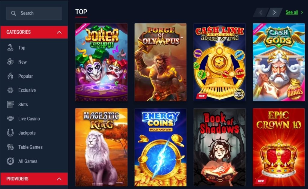 Casinado game selection screen showing various slot games including Joker, Force of Olympus, Cash Gods, Majestic Rug, and Book of Shadows
