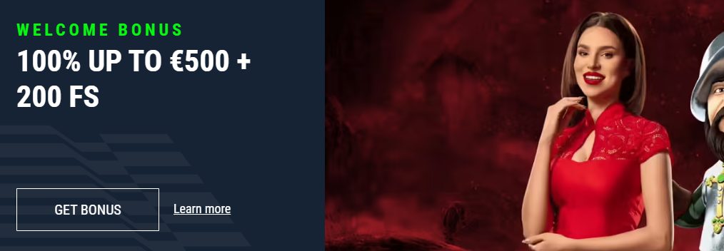 Casinado welcome bonus banner featuring a woman in a red dress and a pirate character, with text reading “100% up to €500 + 200 FS” on a dark blue and red background
