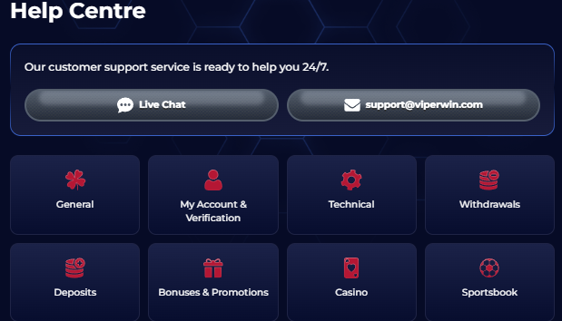 Viperwin Casino help centre interface showing live chat and email support options with sections for deposits, bonuses, account, and technical help
