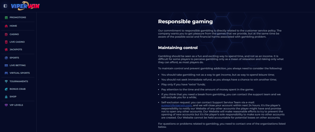 Viperwin Casino vastuullisen pelaamisen ja turvallisuuden sivu, jossa kerrotaan hallinnan säilyttämisestä ja vastuullisesta pelaamisesta, vasemmalla navigointipaneeli