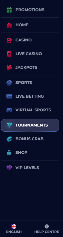 Viperwin Casino left-side navigation menu with options for promotions, casino, live casino, sports, tournaments, bonus crab, shop, and VIP levels
