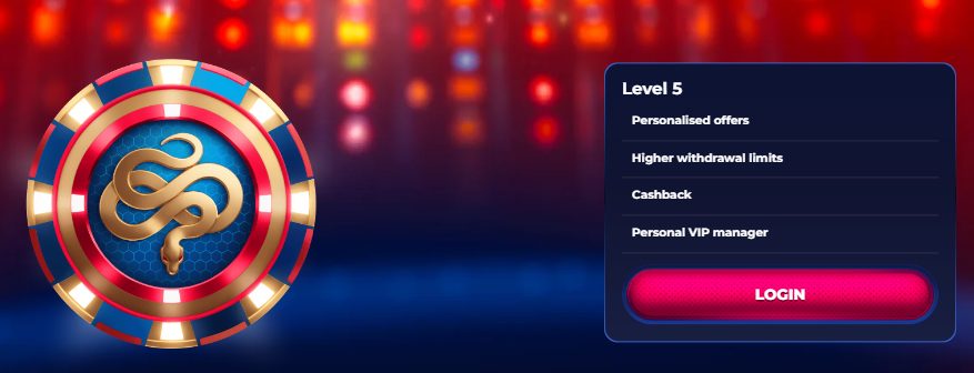 Viperwin Casino VIP program banner showing a golden snake logo inside a casino chip with details about VIP level 5 benefits such as higher withdrawal limits and personal manager
