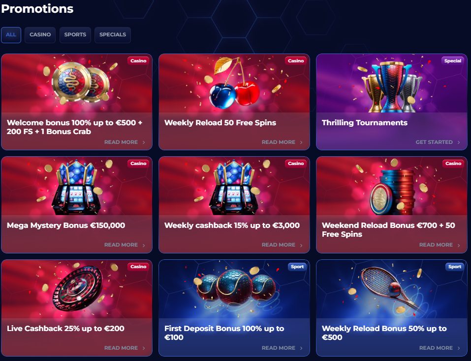Viperwin Casino promotions page showing multiple bonus offers including welcome bonus, reload bonuses, cashback, and tournaments in red and blue color scheme
