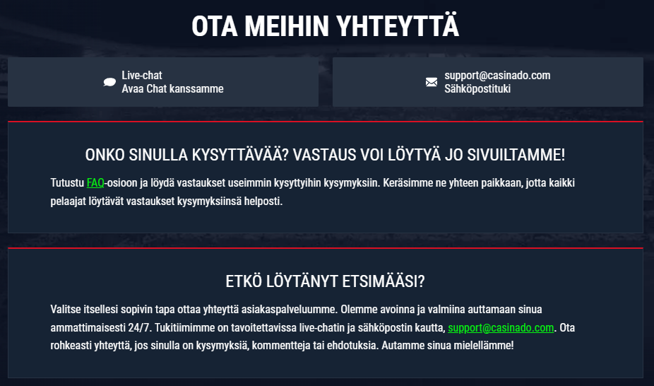 Casinadon asiakaspalvelun yhteydenottosivu, jossa näkyy live-chat- ja sähköpostivaihtoehdot, sekä UKK-linkki ja tuki-ilmoitus tummalla taustalla
