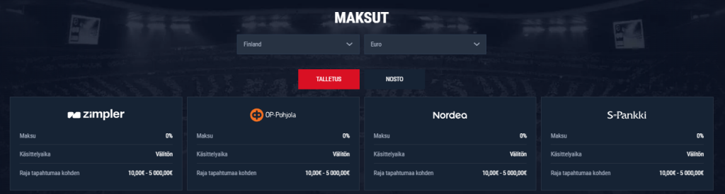 Casinadon maksutapaosio, jossa näkyy eri maksupalvelut kuten Zimpler, OP-Pohjola, Nordea ja S-Pankki sekä niiden käsittelyajat ja rajat
