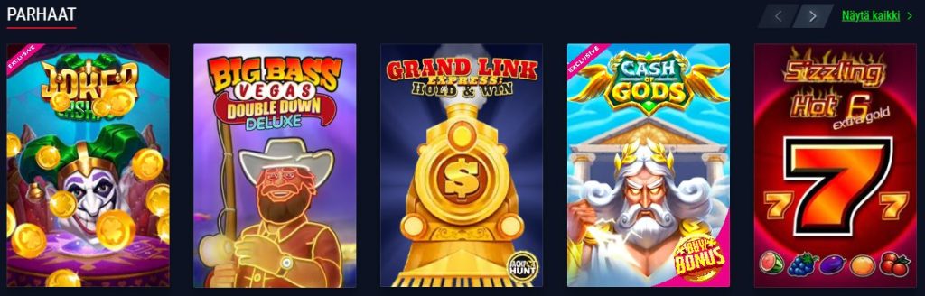 Casinadon pelivalikoimaosio, jossa näkyy suosittuja kolikkopelejä kuten Joker, Big Bass Vegas, Grand Link, Cash Gods ja Sizzling Hot 6 Gold
