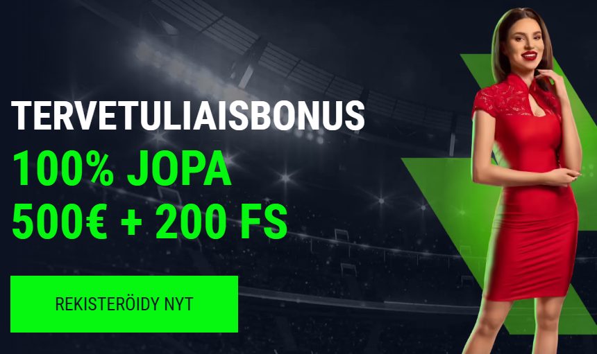 Casinadon tervetuliaisbonusbanneri, jossa vihreällä taustalla teksti “Tervetuliaisbonus 100% jopa 500€ + 200 FS” ja nainen punaisessa mekossa
