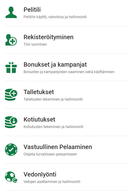 Unibet Casino asiakaspalvelu – kuvassa ohjekeskuksen aiheet kuten pelitili, rekisteröityminen, bonukset ja kampanjat, talletukset, kotiutukset ja vastuullinen pelaaminen
