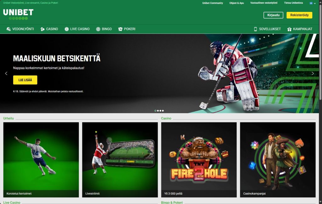 Unibet Casino etusivu – kuvassa näkyy Unibetin vedonlyönti-, kasino- ja pokeriosiot sekä kampanjabanneri ja urheiluteemainen layout
