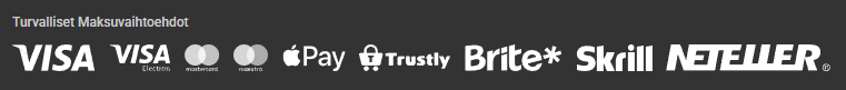 Unibet Casino maksutavat ja valuutat – kuvassa maksupalvelujen logot kuten Visa, Mastercard, Apple Pay, Trustly, Brite, Skrill ja Neteller
