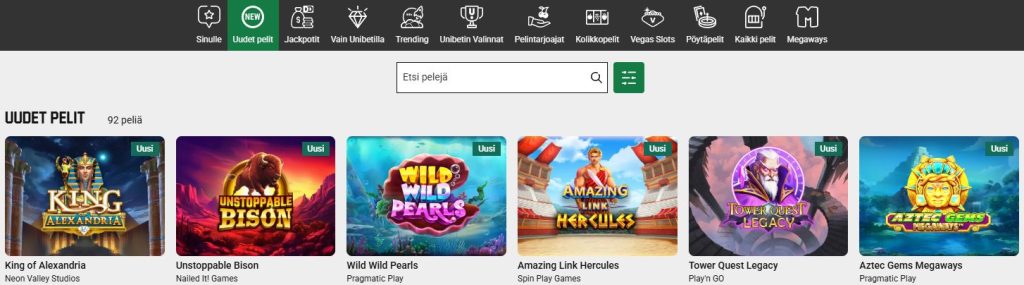 Unibet Casino kolikkopelit – kuvassa Unibetin peliaula, jossa näkyy uusia pelejä kuten King of Alexandria, Wild Wild Pearls ja Aztec Gems Megaways
