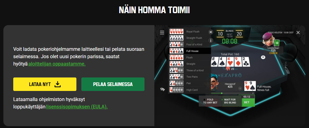 Unibet Casino pokeri ja vedonlyönti – kuvassa Unibetin pokeriohjelmiston pelipöytä, korttikädet ja vaihtoehdot pelata selaimessa tai ladata sovellus
