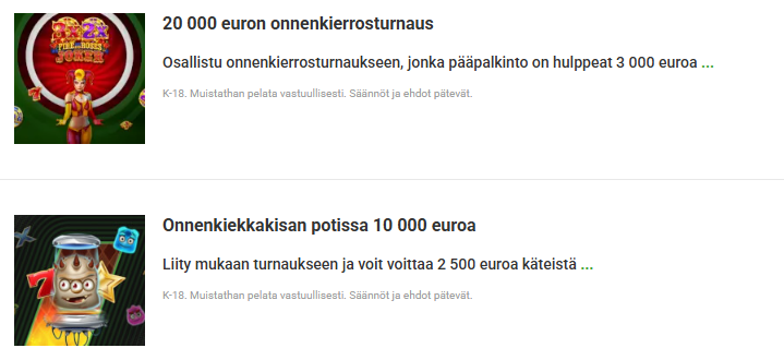 Unibet Casino kampanjat ja bonukset – kuvassa 20 000€ onnenkierrrosturnaus ja 10 000€ onnenkierrospotti, rahapalkintoja ja ilmaiskierroksia pelaajille
