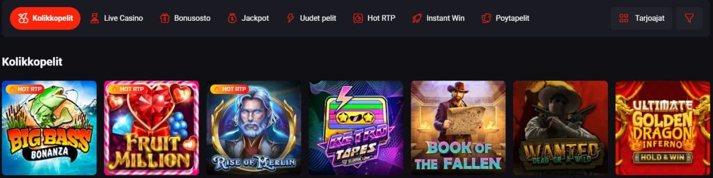 N1 Kasinon peliaulan kuvakaappaus, jossa näkyy useita kolikkopelejä kuten Big Bass Bonanza, Fruit Million ja Book of the Fallen tummalla taustalla.
