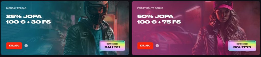 Kaksi N1 Kasinon kampanjakuvaa: vasemmalla moottoripyöräkypäräinen hahmo sinisessä valossa tekstillä "25% jopa 100€ + 30 FS", oikealla pinkkipukuinen nainen tekstillä "50% jopa 100€ + 75 FS".
