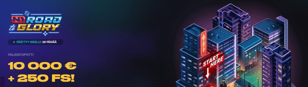 N1 Kasinon Road to Glory -ohjelman mainos, jossa näkyy sinisävyinen kaupunkimaisema ja teksti "10 000€ + 250 FS" sekä "Start here".
