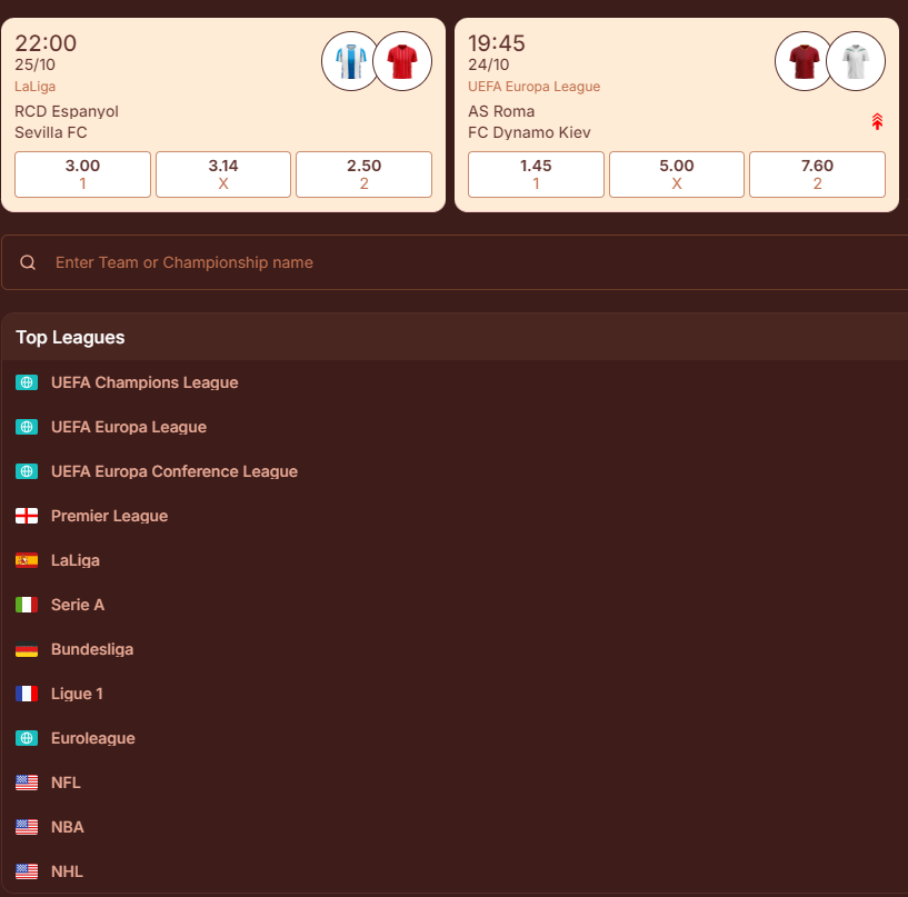 Viking Luck Sportsbook betting section showing upcoming UEFA and domestic league matches with odds.