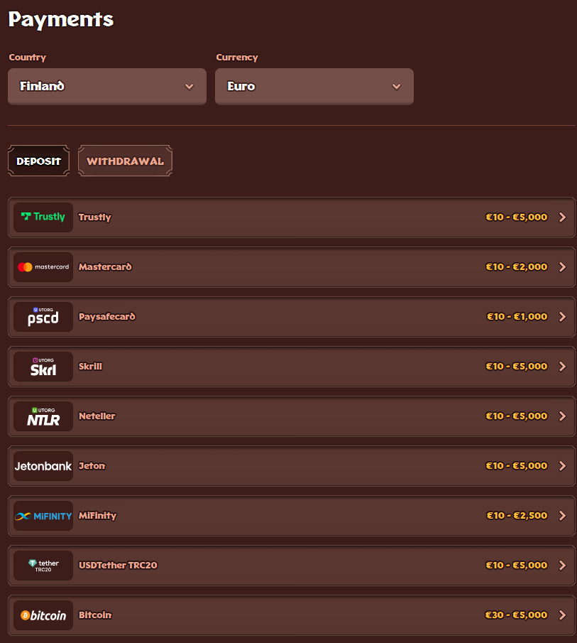 Viking Luck Casino payments section showing deposit and withdrawal methods including Trustly and Mastercard.