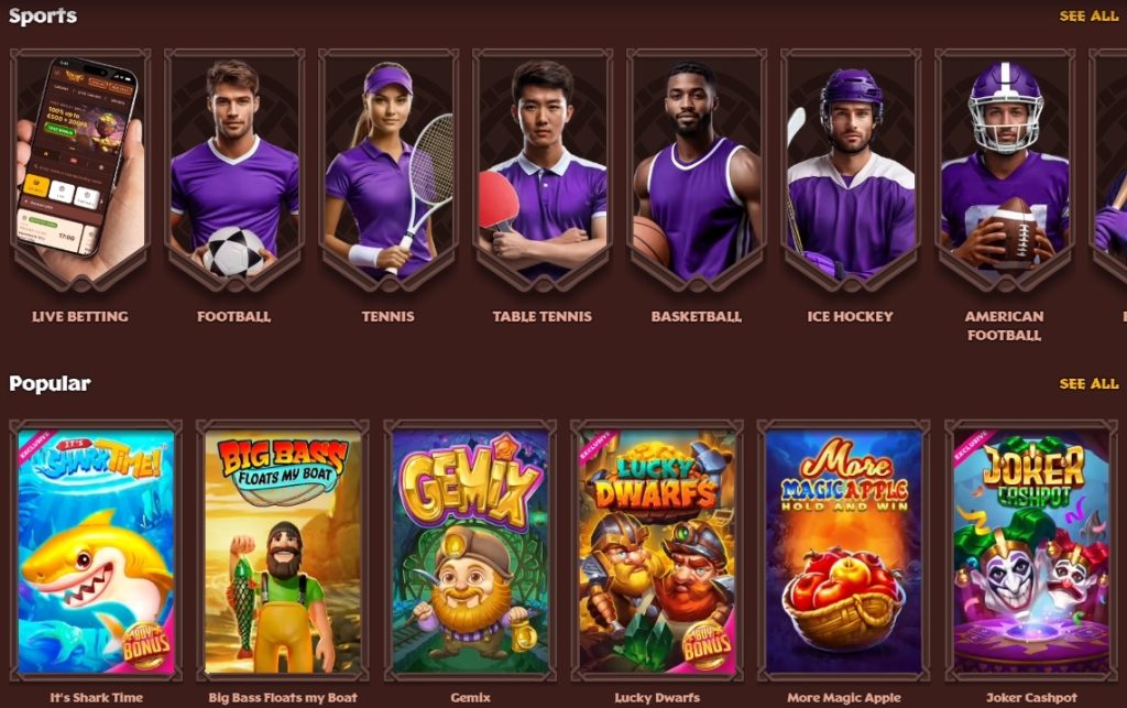 Viking Luck Casino's game selection lobby showing sports betting categories and popular slot games.