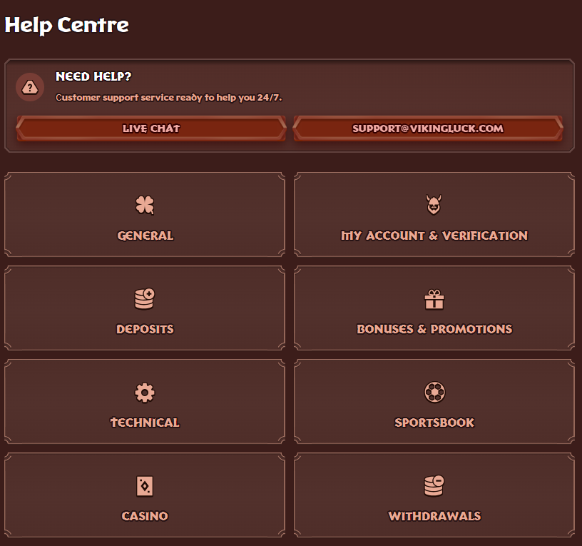 Viking Luck Casino Help Centre menu with quick links to live chat and support categories like General and Technical.