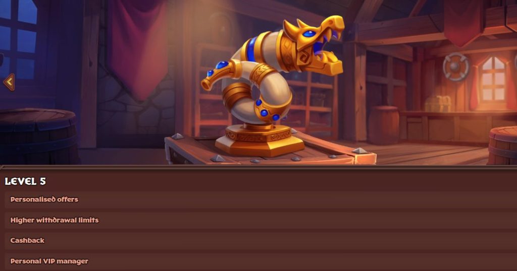 Viking Luck Casino VIP Program Level 5 benefits listing personalised offers and higher withdrawal limits.