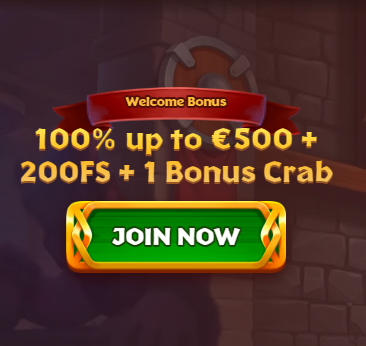 Viking Luck Casino welcome bonus banner with the text 100% up to 500€ + 200 free spins + 1 Bonus Crab and Join Now button.