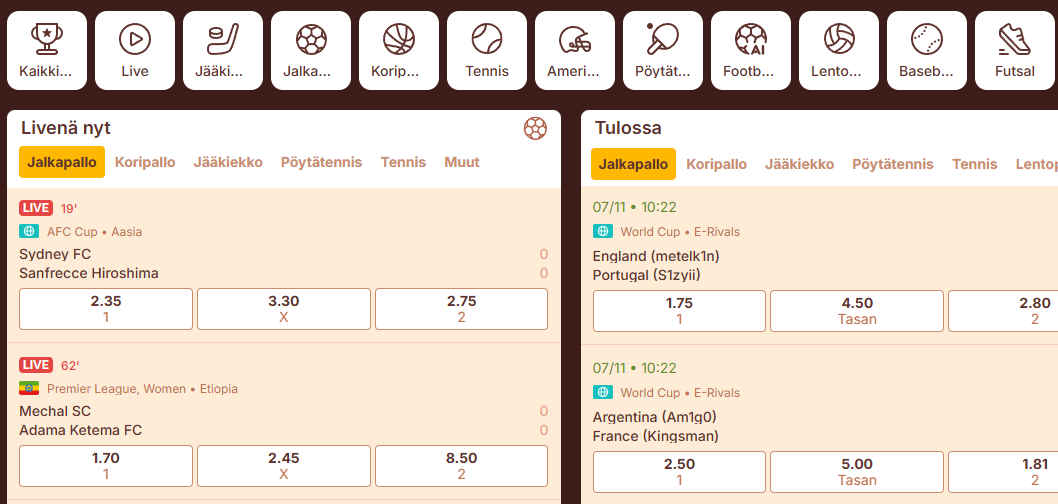Viking Luck Urheiluvedonlyönnin käyttöliittymä, joka näyttää live- ja tulevat ottelut koripallosta ja jalkapallosta kertoimineen.