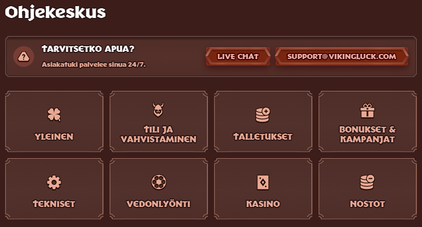 Viking Luck Kasinon ohjekeskus-valikko, josta löytyy linkit live chatiin ja UKK-aiheisiin kuten Talletukset ja Bonukset.