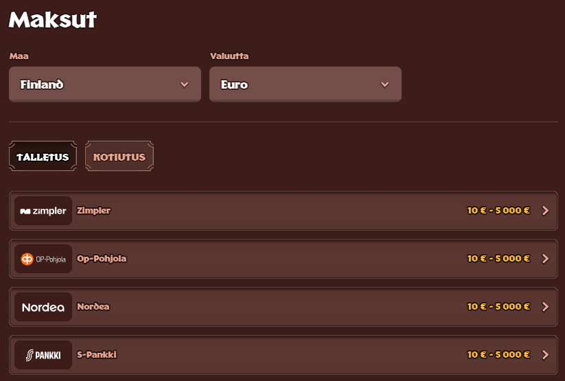 Viking Luck Kasinon Maksut-osio, jossa näkyvät suomalaisten suosimat talletusvaihtoehdot, kuten Zimpler ja Nordea.