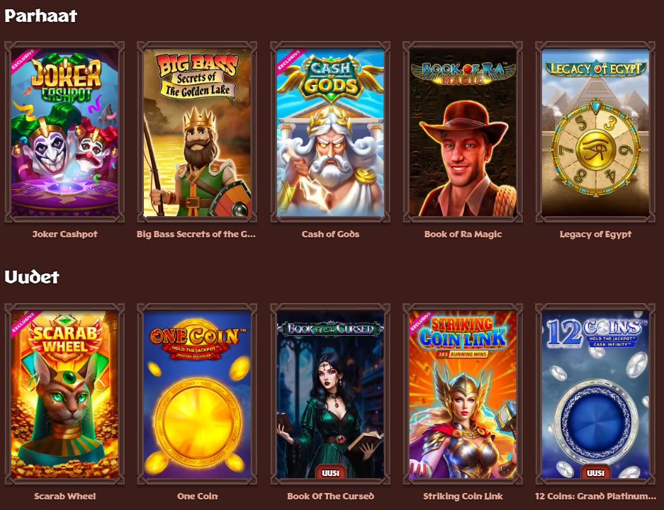 Viking Luck Kasinon pelivalikoimanäkymä, jossa esillä suosituimmat kolikkopelit ja pelikategoriat.