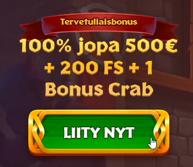 Viking Luck Kasinon tervetuliaisbonus-banneri, jossa mainostetaan 100% bonusta, ilmaiskierroksia ja Bonus Crabia.