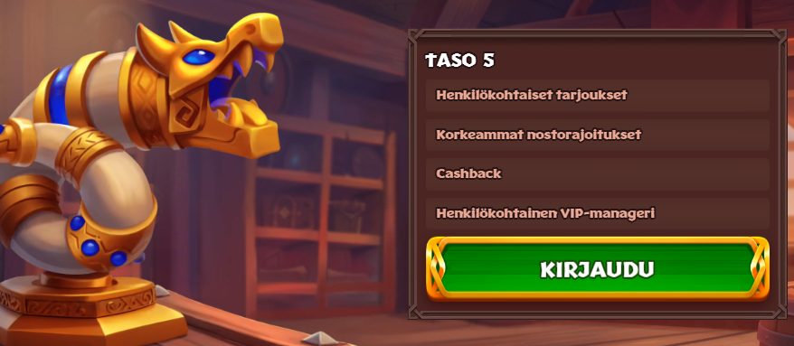 Viking Luck Kasinon VIP-ohjelman kuvaus Taso 5:n eduista, kuten henkilökohtaiset tarjoukset ja korkeammat nostorajoitukset.