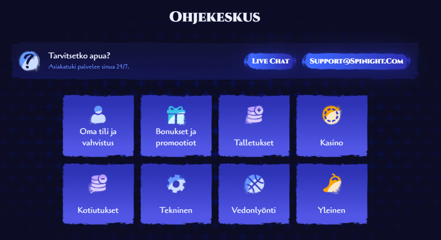 Spinight Kasinon asiakaspalvelun ohjekeskus, jossa valikot kuten oma tili, bonukset ja promootiot, talletukset, kasino, kotiutukset ja vedonlyönti