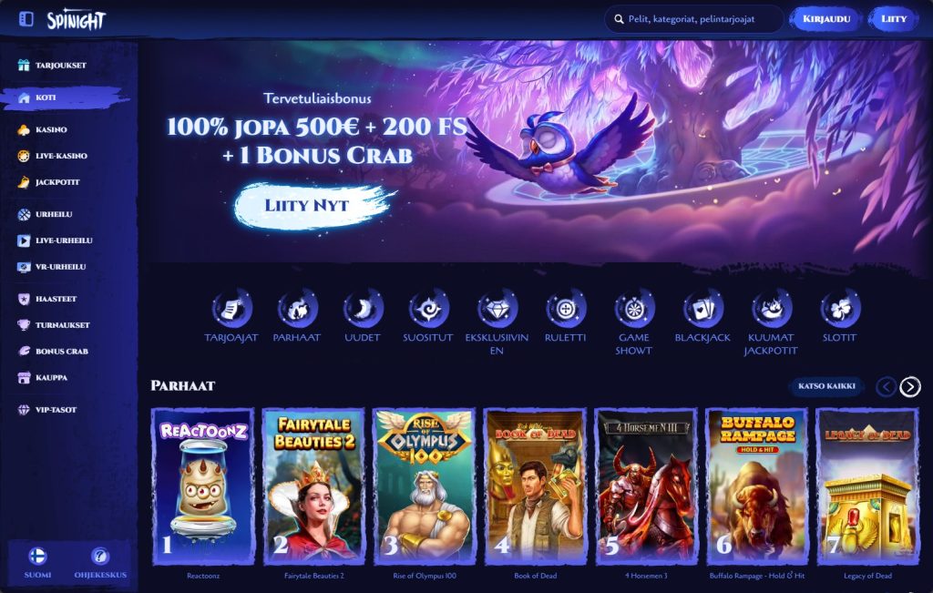 Spinight Kasino etusivu, jossa tervetuliaisbonus 100% jopa 500€ + 200 ilmaiskierrosta ja 1 Bonus Crab näkyy violetilla taustalla, maskottina sininen pöllö