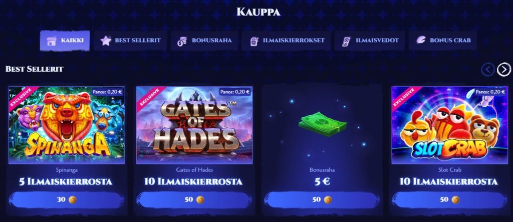 Spinight Kasinon bonuskauppa, jossa esillä pelejä kuten Spinanga, Gates of Hades, Bonusraha 5€ ja Slot Crab -kone 10 ilmaiskierrosta