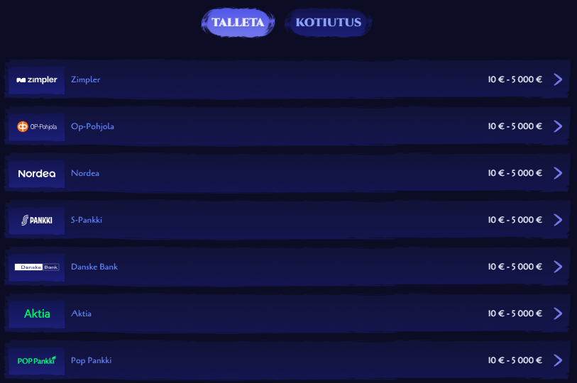 Spinight Kasinon talletus- ja kotiutusvaihtoehdot, listattuna suomalaiset pankit kuten Zimpler, OP-Pohjola, Nordea, S-Pankki, Danske Bank, Aktia ja POP Pankki, talletusrajat 10–5000€