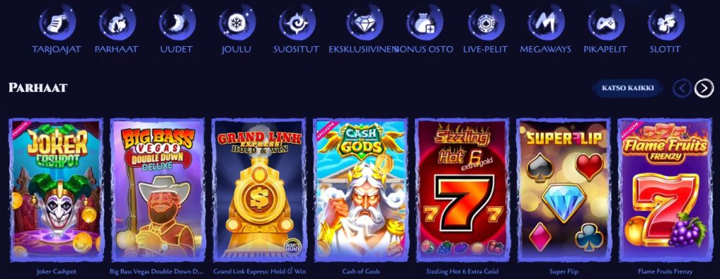 Spinight Kasinon peliaula, jossa näkyy pelejä kuten Joker Cashpot, Big Bass Vegas, Grand Link, Cash of Gods ja Flame Fruits Frenzy