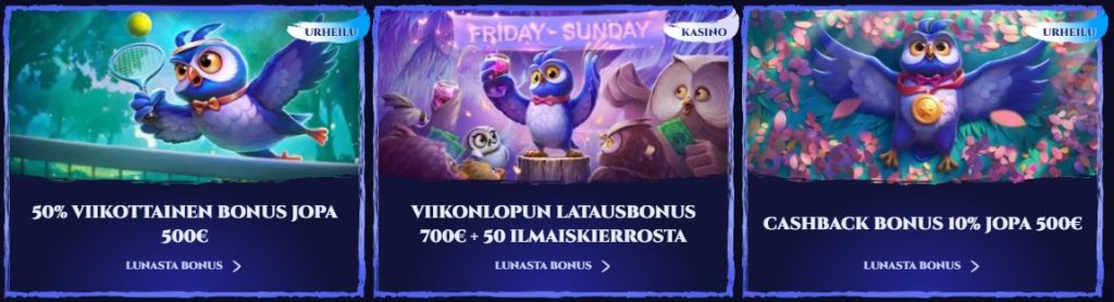 Spinight Kasinon kampanjabannerit: vasemmalla tennis-pöllö 50% viikoittainen bonus 500€, keskellä viikonlopun latausbonus 700€ + 50 ilmaiskierrosta, oikealla cashback 10% jopa 500€