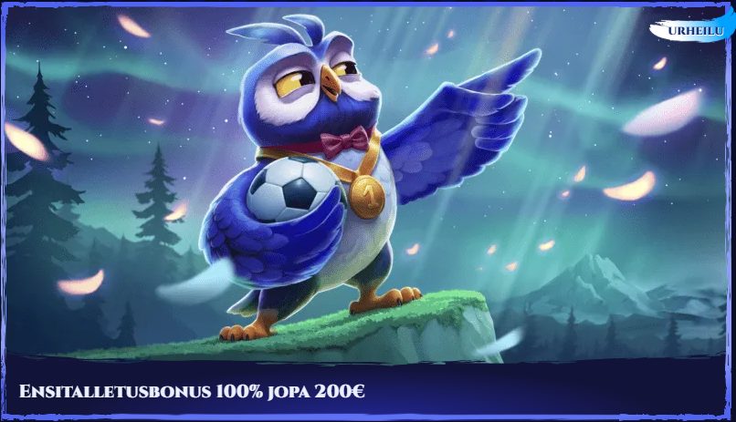 Spinight Vedonlyönnin tervetuliaisbonusbanneri, jossa pöllö pitelee jalkapalloa vuoristomaisemassa, tekstinä 100% jopa 200€ ensitalletusbonus